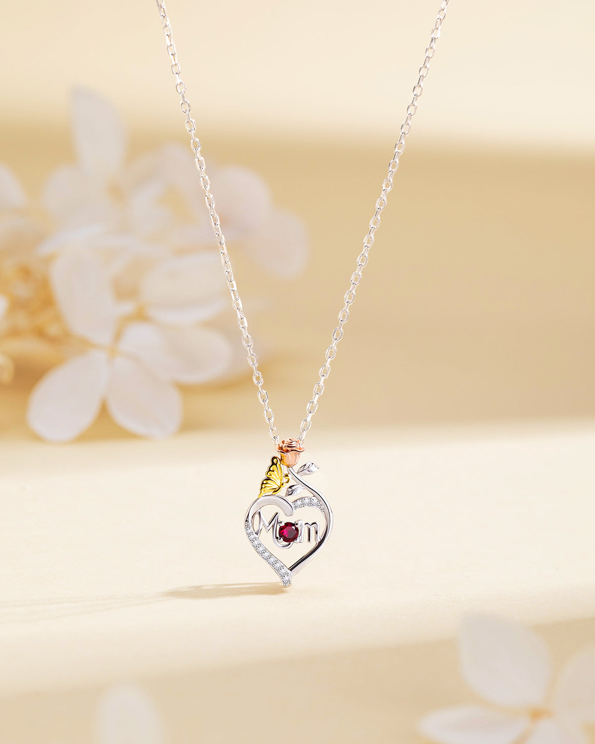 Custom Mom Necklace with Rose, Butterfly & Birthstone