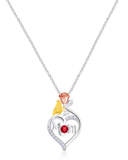 Custom Mom Necklace with Rose, Butterfly & Birthstone